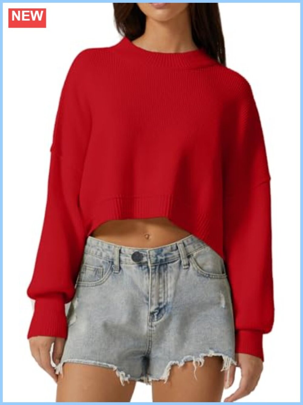 Cropped Mock Neck Pullover Sweater Drop Shoulder Oversized Knit